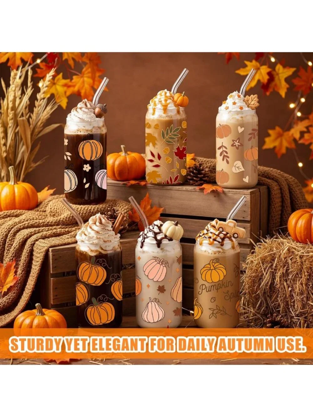 12 Pcs Autumn Pumpkin Glass Cups with Lids & Straws - Cozy Fall Tumblers, Gifts